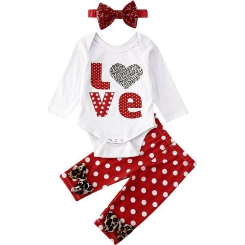 ImCute 2020 Newborn Infant Valentines Day Baby Girl Outfits Girls Clothes LOVE Letter Romper Dot Bow Pants Headband 3PCS 0-18M