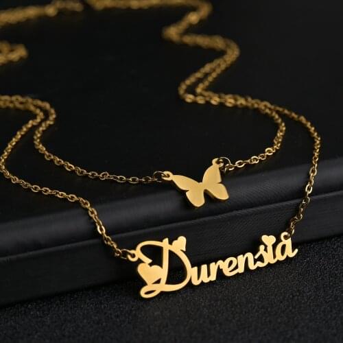 Acheerup Personalized Name Necklace For Women Gold Stainless Steel Custom Letter Crystal Butterfly Pendant Choker Jewelry Gifts