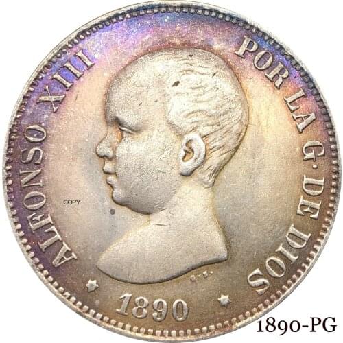 Spain 1890 PG 5 Pesetas Alfonso XIII 1st Portrait The Crowned Spanish Coat Of Arms With Pillars Silver Plated Copy Coin