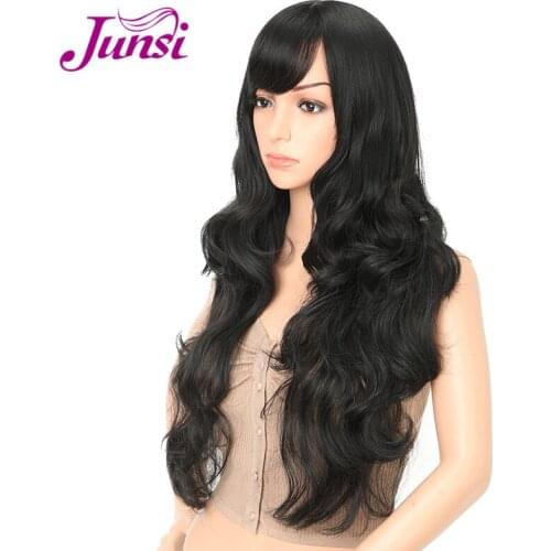 JUNSI Long Black Wavy Ombre Golden Cosplay Synthetic Wigs for Women High Density Temperature Hair