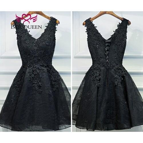 V neck Short Evening Dress Lace Appliques Beaded Plus Size Cocktail Dresses A line Black Color Sleeveless Formal Dresses EX0002