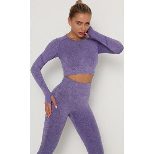 Women Two Piece Set Seamless Set Fitness Sports Suit Gym Clothes Long Sleeve Shirts High Waist Leggings Workout Pants Tracksuit