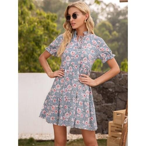 Summer Dress Boho Printed Puff Sleeve 2021 Fashion V-neck High Waist Mini Dress For Women Retro Party Dress Vestidos