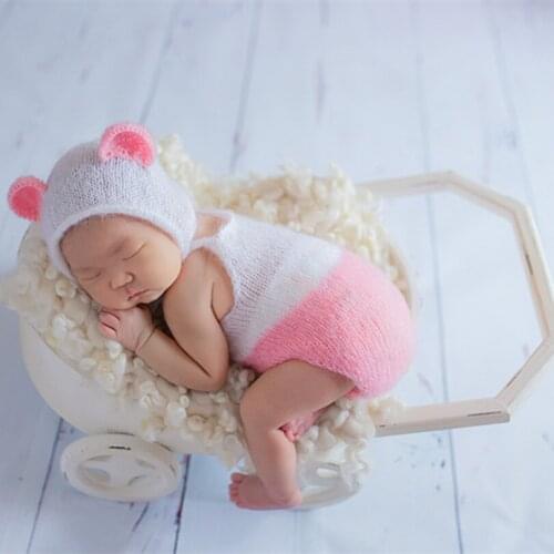 Mohair Baby Girl Romper Bonnet Set Crochet Newborn Bear Hat Photo Props Knitted Infant Pants Girls Bonnet Photography Pajamas