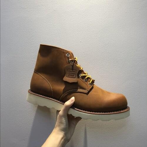 Handmade Vintage Quality Goodyear Welted Men Boots Wings Round Toe Genuine Leather Dress Safety Motorcycle Boots Luxury Brand