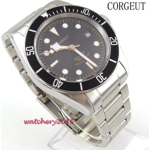 41mm Corgeut Black Dial Sapphire Glass Date adjust Luminous Hands Stainless Steel clasp miyota Automatic Movement Mens Watch