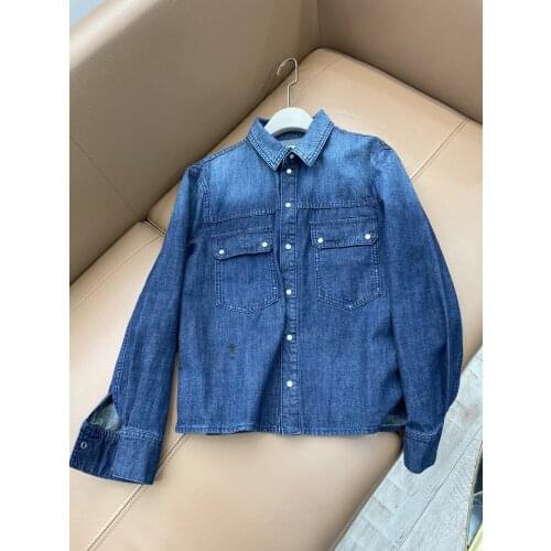 New ladies fashion 2021 long sleeve sexy casual solid color embroidered denim shirt 1102