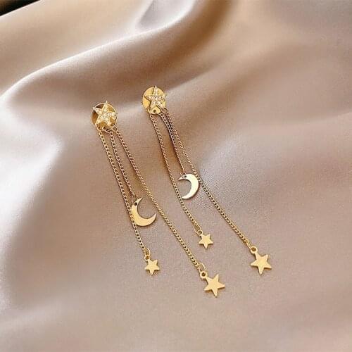 2021 New Korean Exquisite Crystal Star Moon Long Tassel Dangle Earrings For Women Trendy Temperament Moon Earrings Jewelry