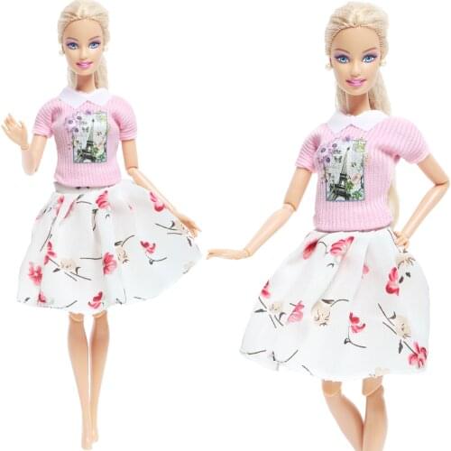 BJDBUS Newest Doll Dress Spring Pink Flower Pattern Knitting Short Blousers Lace White Skirt Clothes for Barbie Doll Accessories