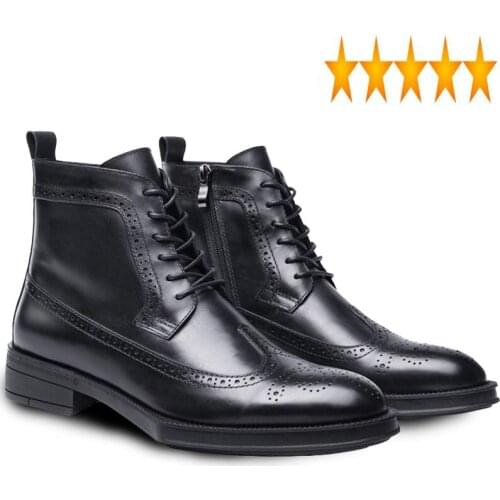 Brogue Wing Tip Work Winter Safety Office Man Genuine Leather Formal Ankle Boots Med Heels High Top Business Party Shoes
