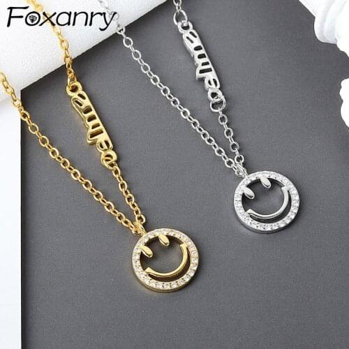 Foxanry 925 Sterling Silver Smiley Face Necklace Fashion Luxury Sparkling Zircon Clavicle Chain Bride Jewelry Gifts for Women