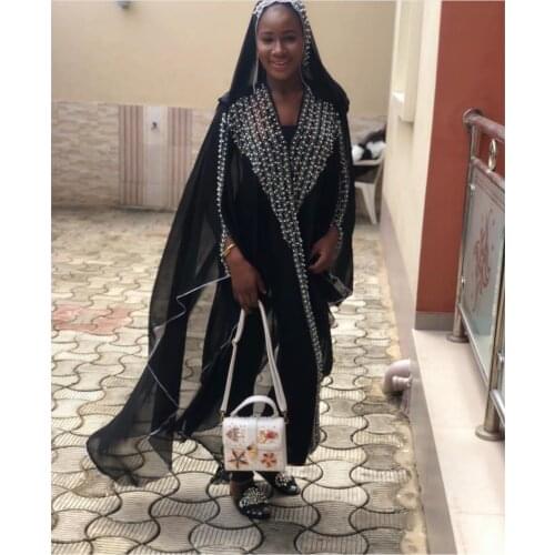 Tilapia new beading&Rhinestone chiffon summer big kaftan solid bazin hood dress with elastic inner wear abaya