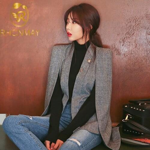 2020 NEW Long Sleeve Cape Blazer Coat Women Notched Split Cloak Cape Jacket Suit Womens Blazer OL Office Workwear plaid black