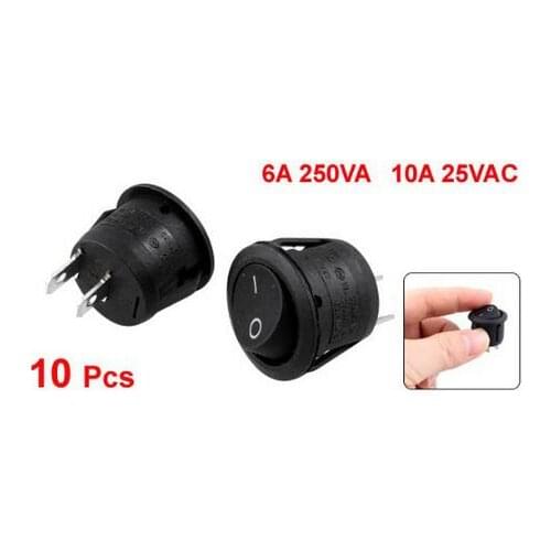 10Pcs AC 6A 10A 250V On Off 2 feet Snap in SPST Round Boat Rocker Switch Black