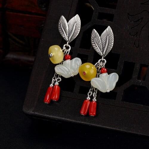 2018 Limited Real Earings Fashion Jewelry S925 Pure Antique Inlaid And Field Jade South Honey Wax Leaf Lady Earrings Wholesale