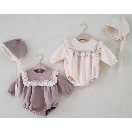 2021 spring female baby baby clothes lace ruffled long sleeve conjoined khaki triangle clothes with hats