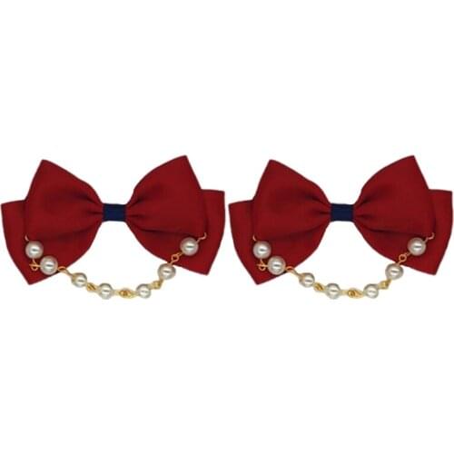 Japanese Lolita Girls Sweet Hair Accessories Kawaii Anime Cosplay Ruffled Lace Ribbon Bowknot Headband Hairpins Pearl Chain