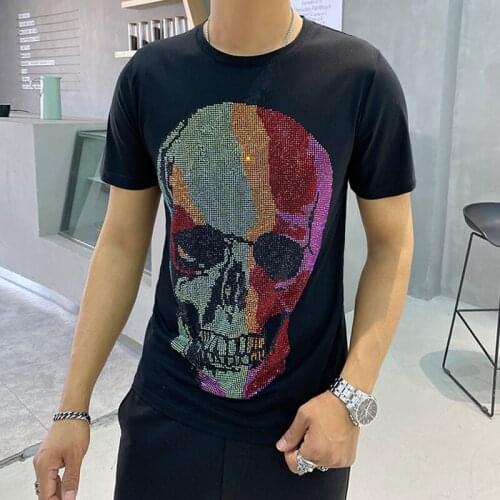 New designer fashion T-shirt mens short sleeve skull diamond crew neck bodybuilding T-shirt