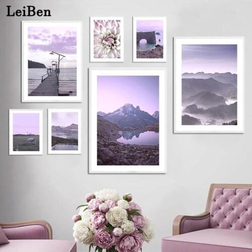 Purple Scenery Wall Art Canvas Painting Mountain Lake Sea Flower Nordic Poster and Prints Wall Pictures for Living Room Decor