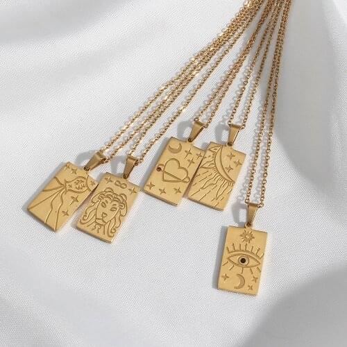 New Design Latest Stainless Steel 18K Gold Plated Zodiac Sign Necklace Leo Aquarius Sun Love Eye Stone Paved Tarot Necklace