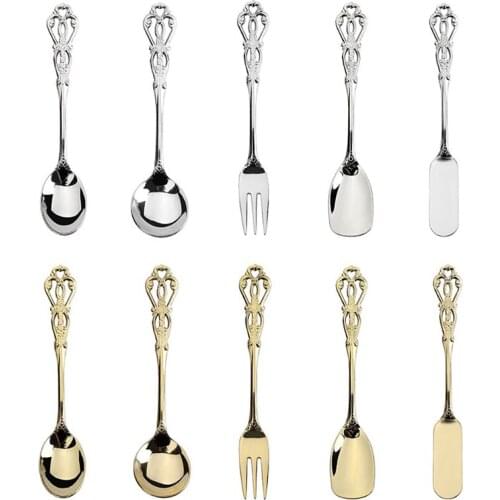 Retro Hollow Carved Tableware Mirror Polished Stainless Steel Western Coffee Spoon Cake Fork Cheese Knife Dinnerware