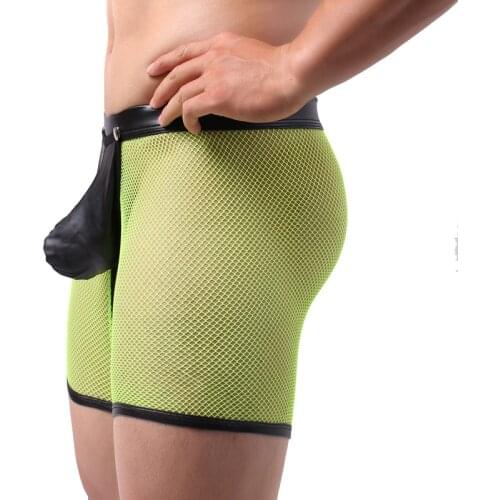 Sexy Men Boxer Shorts Gay Front Rear Hollow Underwear Low Waist Big penis pouch Boxer Erotic Cutout Mesh panties Cueca Underpant