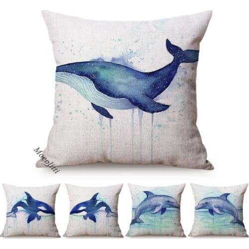 Blue Ocean Animal Whale Dolphin Watercolor Art Home Decor Sofa Throw Pillow Case Cotton Linen Square Chair Cushion Cover Cojines