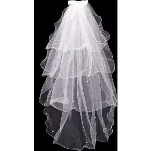 Wedding Dress Veils White Bowknot Bridal Multi Layer Hair Veil Comb Faux Pearls Bride Fairy Marriage Accessories
