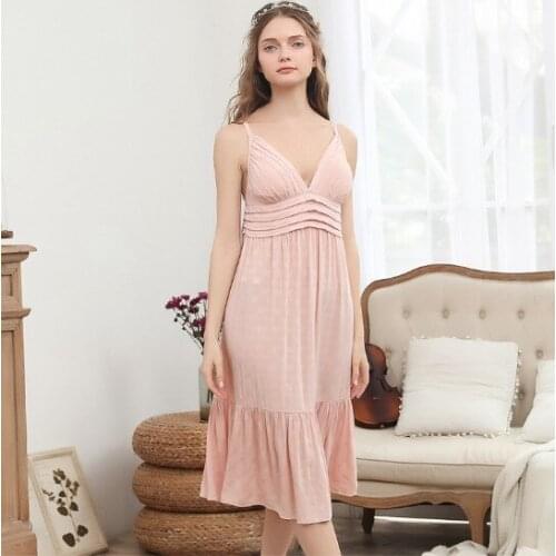 Summer new pure cotton nightgown women chest pad deep V-neck nightdress female sexy sleepwear dress casual sweet long skirt