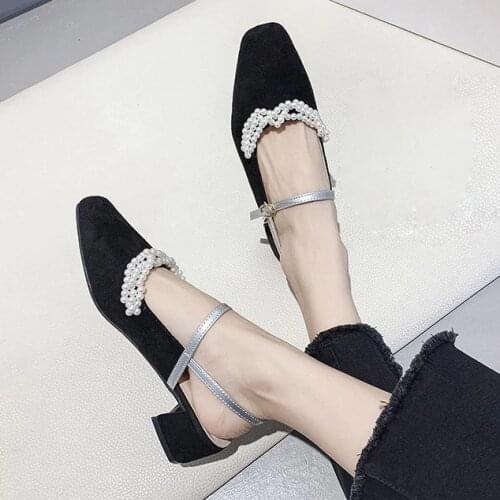 2021 Spring Summer Women Sandals Mary Janes Dress Shoes String Bead Slingbacks Mid Heels Pumps Pearls sandalias mujer 8980N