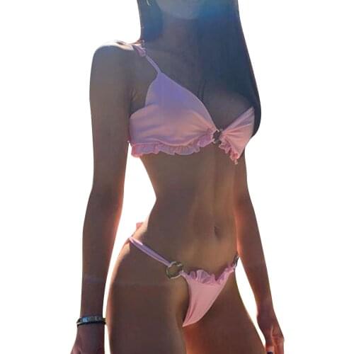 Women Summer Sexy Two Piece Bikini Sets Ruffle Halter Bra + Thong Bottom Swimsuits Swimwear