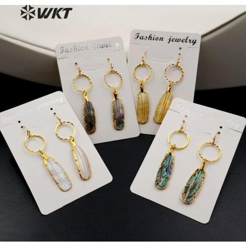 WT-E375 WKT Wholesale New Arrival Generous Abalone Shell Jewelry Feather Shape White Shell Elegant Drop Earrings