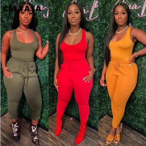 CM.YAYA 2021 Women Casual Set Solid Tanks Tops+Full Length Pencil Pants 2 Piece Sets Summer Tracksuits Pockets