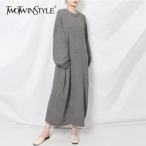 TWOTWINSTYLE Casual Lazy Sweater For Women O Neck Long Sleeve Midi Minimalist One Size Loose Sweaters Female Fashion New 2020