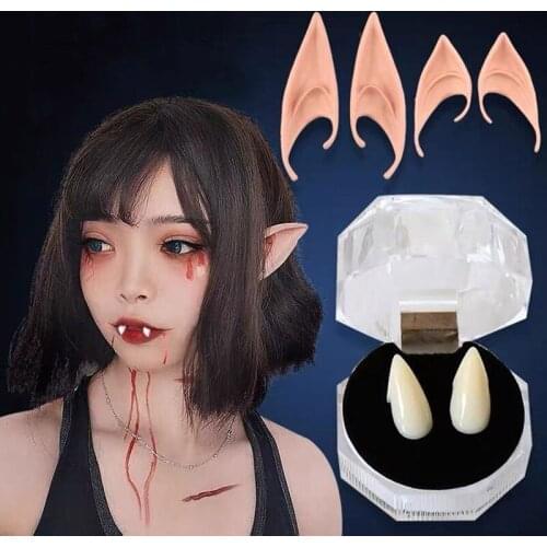 1Pair Halloween Latex Elf Ears Simulation Fairy Angel Cosplay Costume Ears Vampire False Teeth Party Dress Up Fangs Props