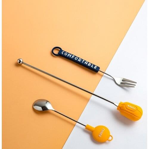 3PCS/SET Creative Coffee Dessert Tea Fruit Spoon Fork Mixing Stainless Steel Stir Bar Milk Fork Spoon Milk Tea Spoon Wareset