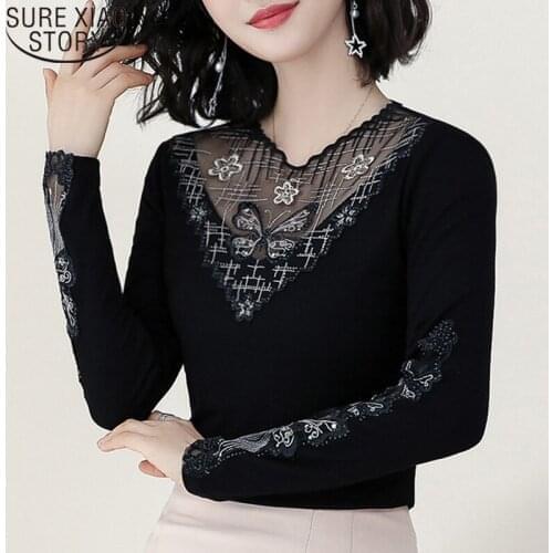 2021 Autumn Winter Fashion Lace Blouses Female New Embroidery Sexy Hollow Bottoming Shirt Long Sleeve Floral Women Tops 6742 50