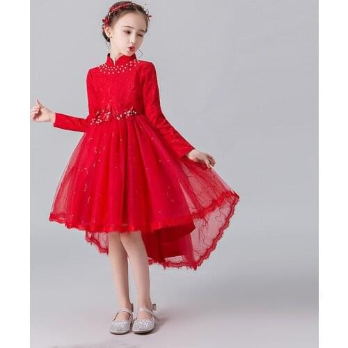 Girl Tail Ball Gown Flower Girl Dresses With Long Sleeves Red Kids Communion Dresses Lace Pageant Dresses Kids New Year Dress