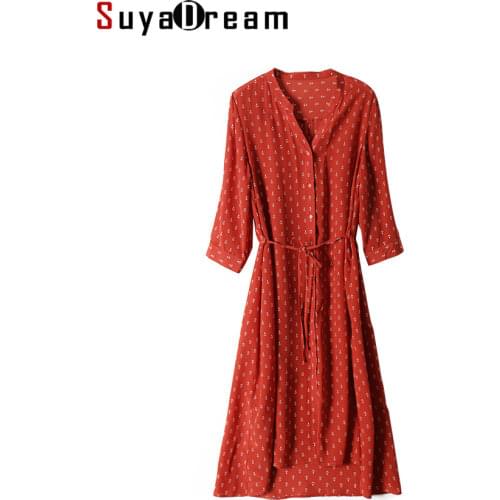 SuyaDream Woman Long Dress 100%Silk Crepe V neck Printed Sashes Shirt Dresses 2021 Autumn Summer Red Dresses