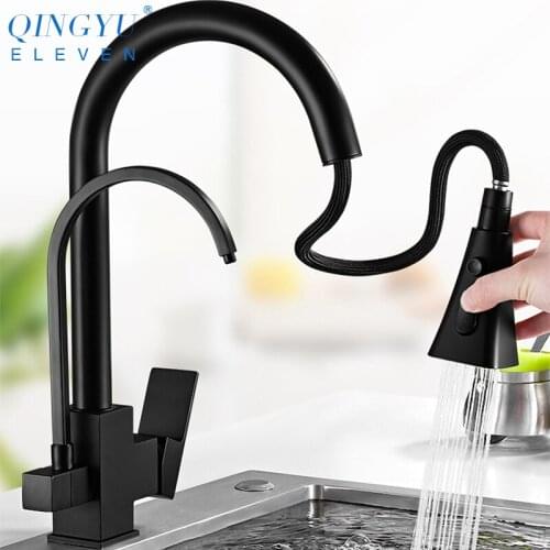 QINGYU ELEVEN Kitchen Pull Filter Faucets Black Brass Faucets 360 Rotation Hot And Cold Water Mixer Filter Dual Handle Tap