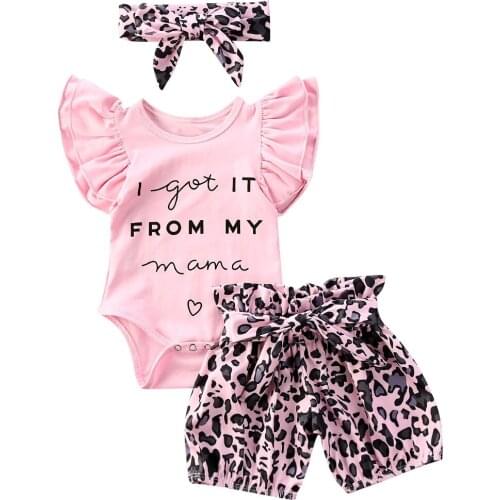 Summer 0-18M New 3Pcs/Set Baby Girl Clothes Letter Fly Sleeve Romper Tops+Print Shorts+Bowknot Headband Girl Fashion Outfits