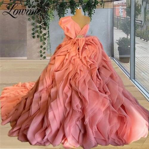Lowime Pink Ruffles Long Prom Dresses Beaded Evening Dress Tiered Plus Size Party Dresses For Wedding 2021 Special Occasion Gown