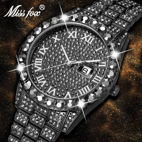 MISSFOX Hot Sale New Chronograph Mens Watches Top Brand Luxury Black Quartz Clock Waterproof Full Big Diamond Dial Watch Men