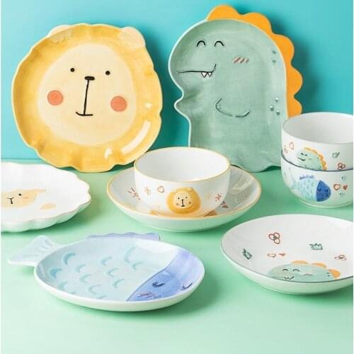 Cartoon ceramic tableware lovely childrens creative dinosaur lion dinner plates serving platter breakfast tray