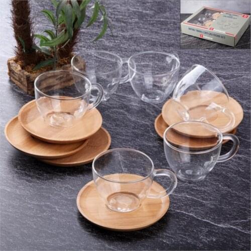 Bamboo Dish Glass Tea Cup Set