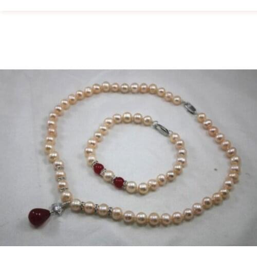 New Design Pink Pearl Pendant Necklace Bracelet Jewelry Set