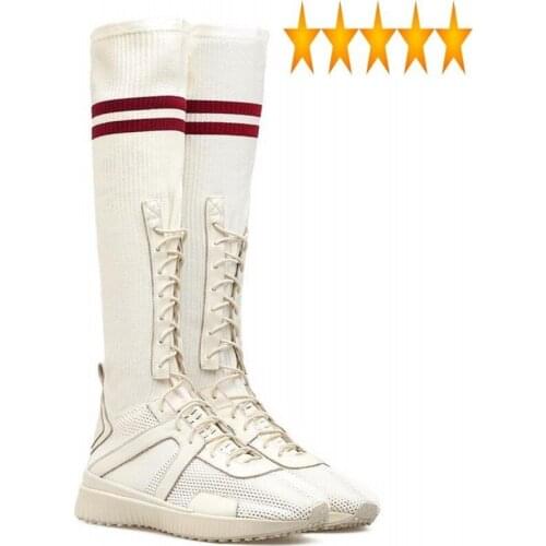 Long Shoes Women Fashion Height Increasing Elastic Sock Mesh Patchwork High-Top Sneakers Street Knee-High Boots