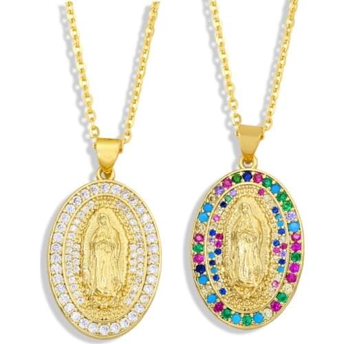 FLOLA Gold Chain Virgin Mary Necklace Oval Multicolor Stone Crystal Short Necklaces For Women Gift Christian Jewelry nkew61