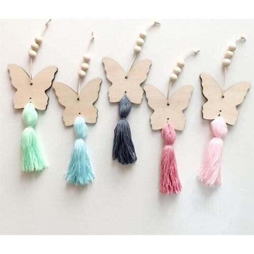 Useful Nordic Style Cute Butterfly Shape Wooden Beads Tassel Pendant Kids Room Decoration Wall Hanging Ornament For Photography