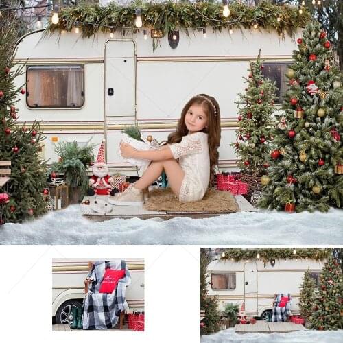 Christmas Wild Camping Portrait Backdrop Christmas Trees Snow Winter Outdoor Truck Background Kids Baby Birthday Photography